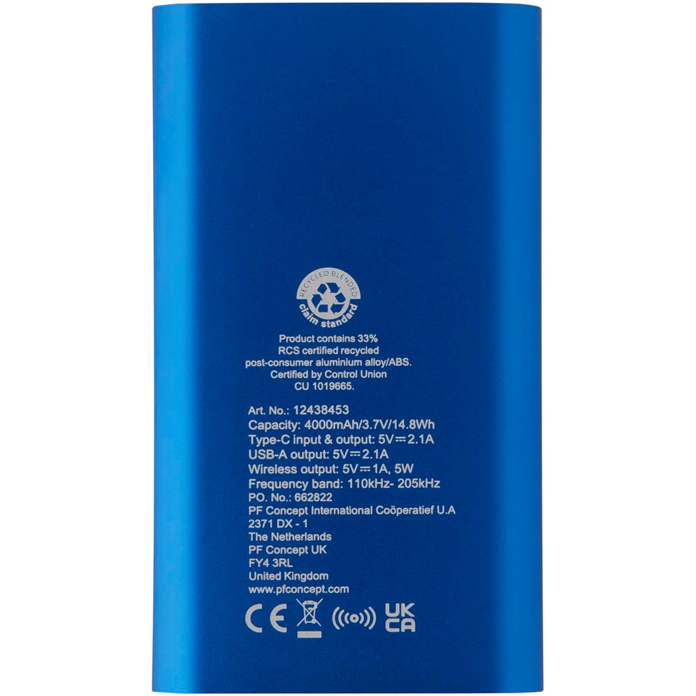 Juice 4000 mAh Typ-C kabellose Powerbank aus recyceltem Aluminium royalblau