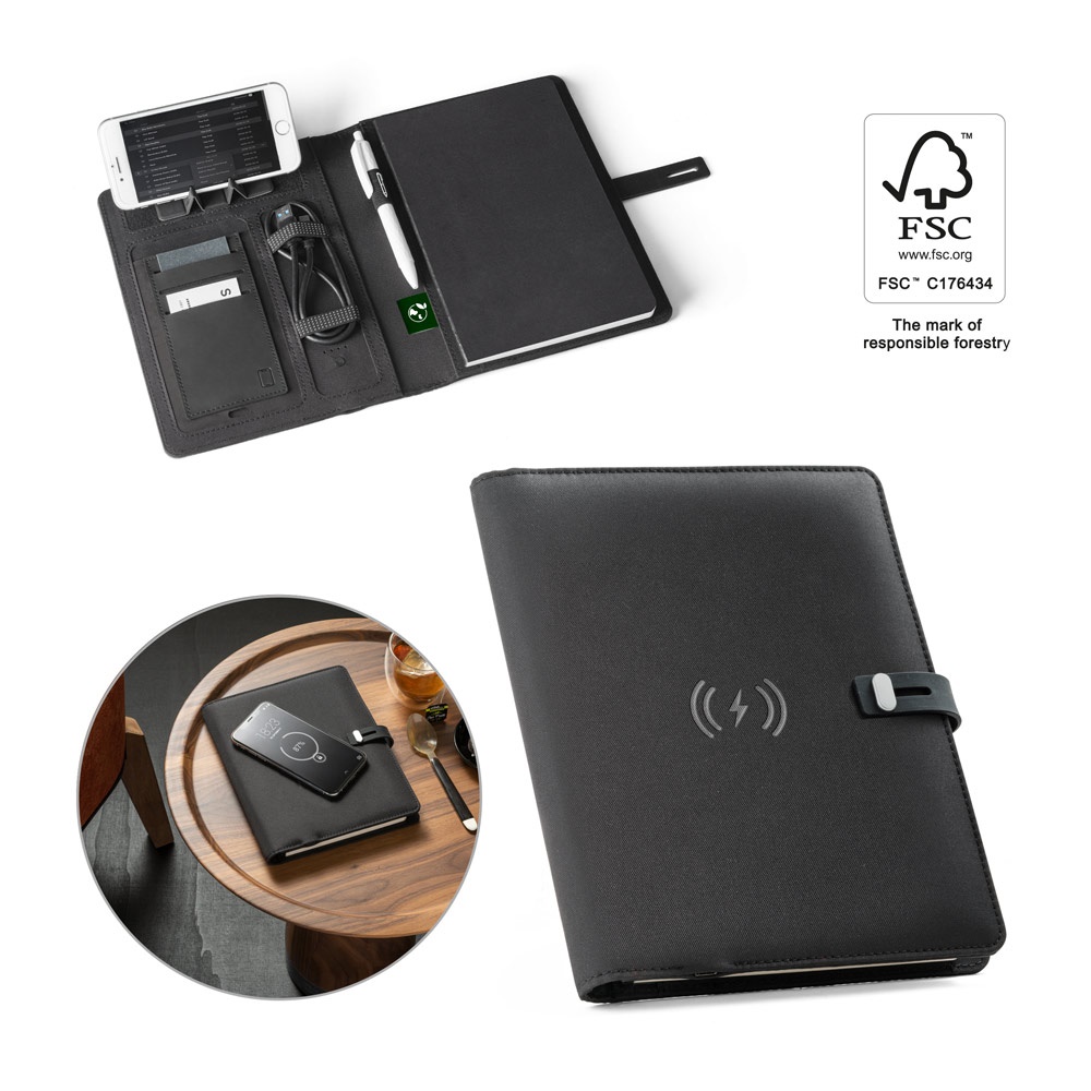 EMERGE A5 FOLDER Porte documents A5 en 300D polyester recyclé (100% rPET) avec chargeur sans fil