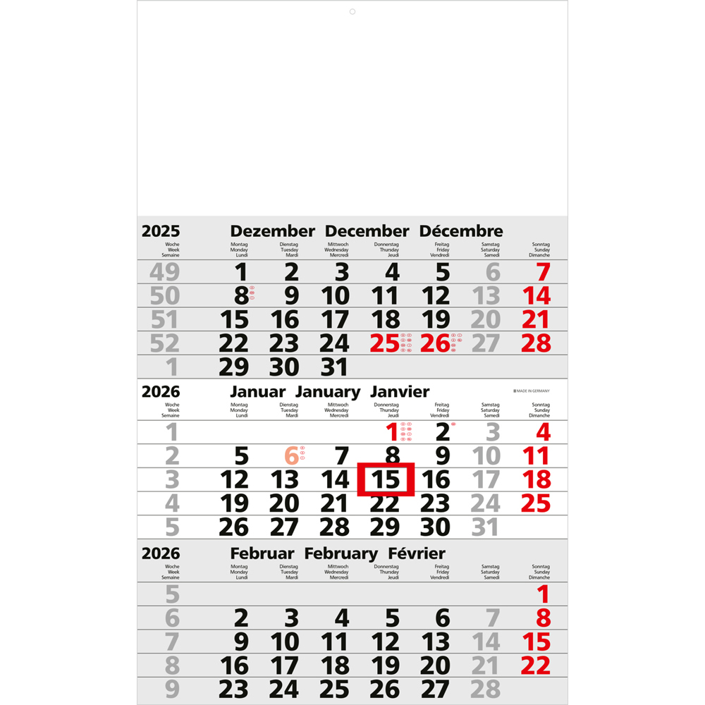 3-Monats-Wandkalender mit 1-farbigem-Offsetdruck 2026 grau