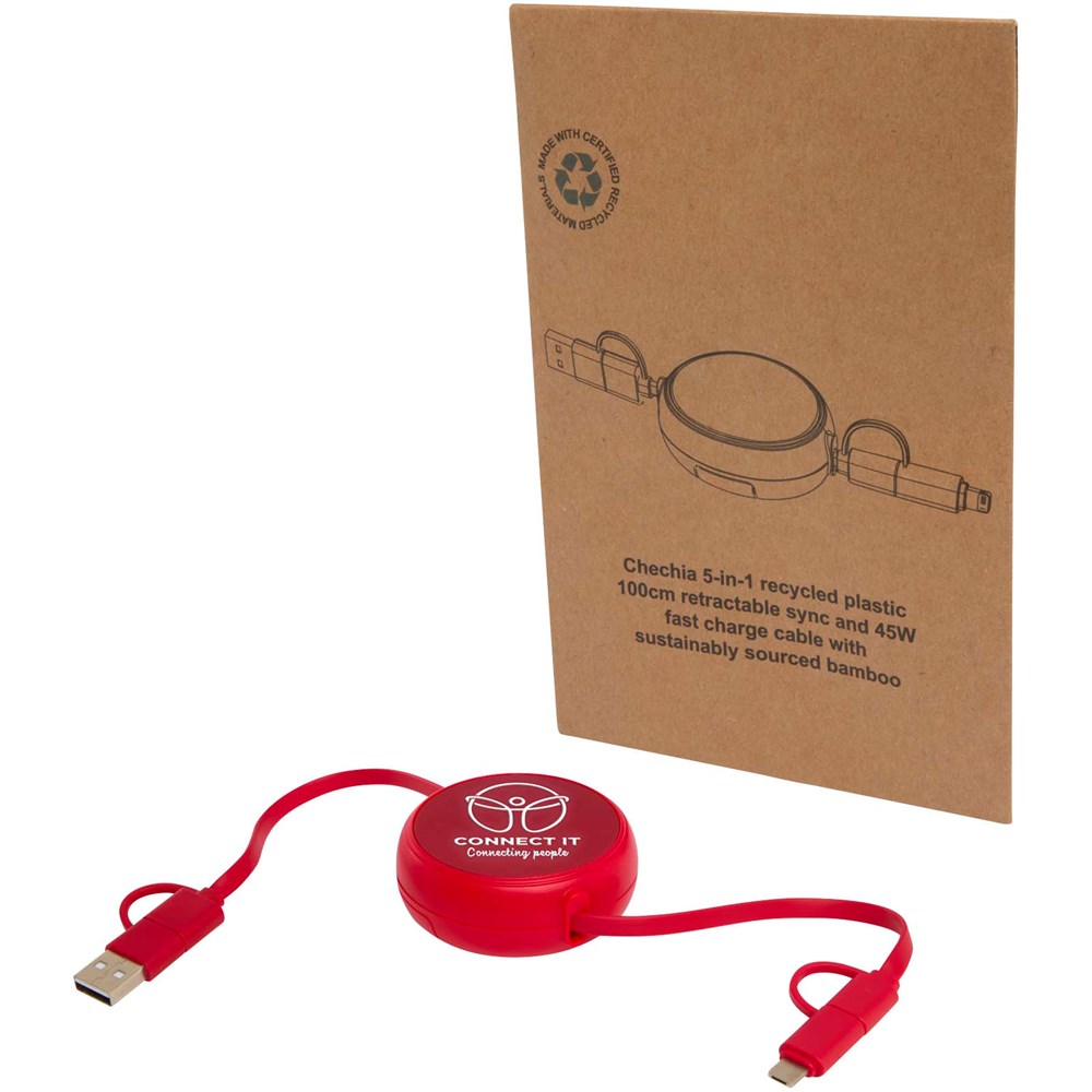 Câble rétractable 5 en 1 Alasia de 100 cm en plastique recyclé et aluminium pour la synchronisation des données et la charge rapide de 45 W rouge