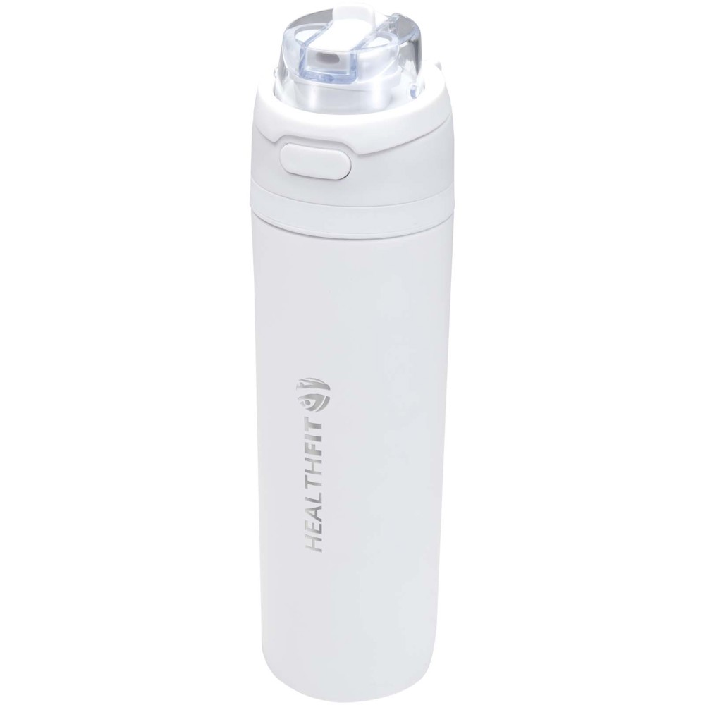 Bouteille d'eau Theron 800 ml en acier inoxydable à simple paroi recyclé RCS, avec bouchon à double fonction et paille rabatt Blanc