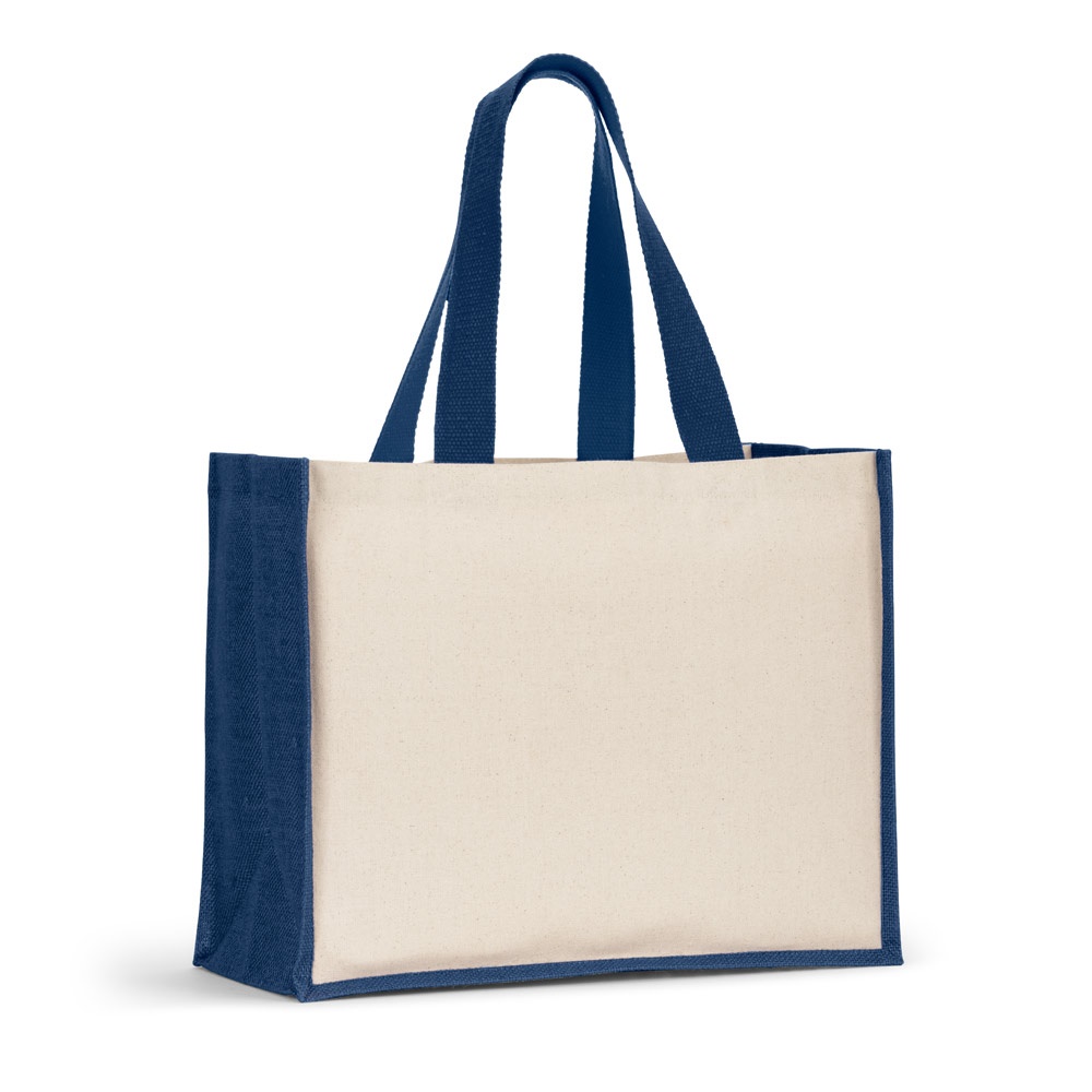 HELSINQUE COLOUR Sac en toile (320 g/m²), avec fond et côtés en jute laminé (350 g/m²) de couleur bleu