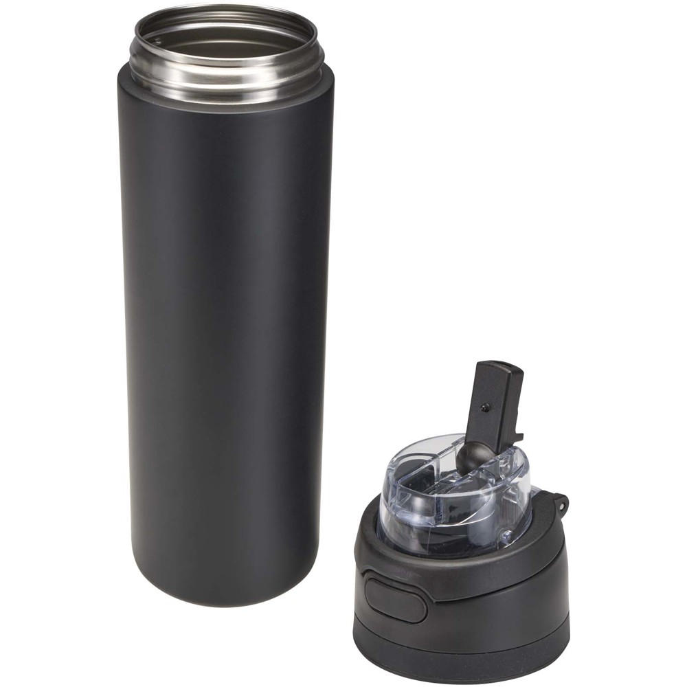 Bouteille d'eau Theron 800 ml en acier inoxydable à simple paroi recyclé RCS, avec bouchon à double fonction et paille rabatt Noir
