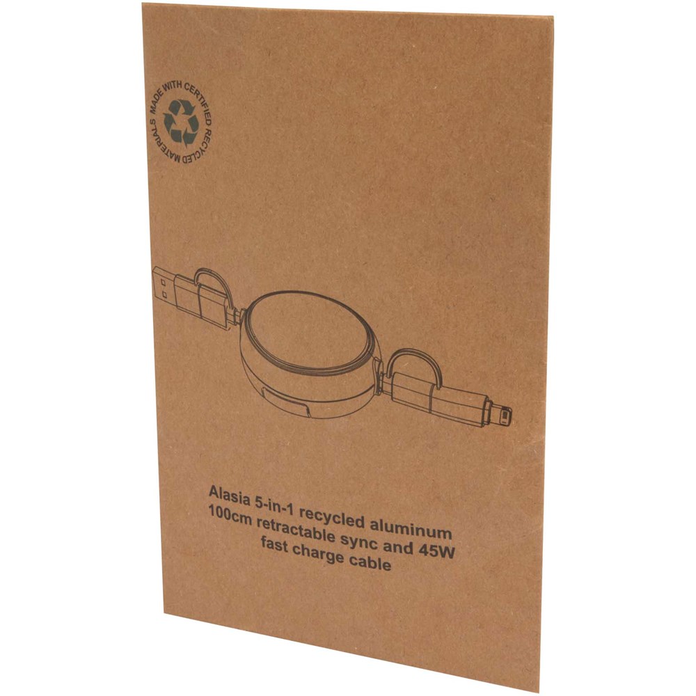 Câble rétractable 5 en 1 Alasia de 100 cm en plastique recyclé et aluminium pour la synchronisation des données et la charge rapide de 45 W Bleu royal