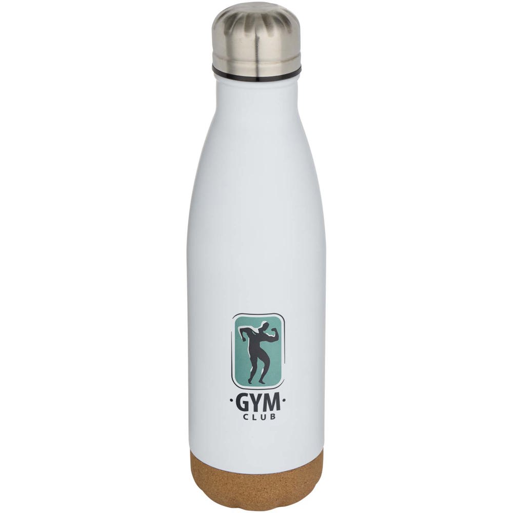 Bouteille d’eau Cove de 500 ml en acier inoxydable isolée sous vide et à double paroi avec détails en liège blanc