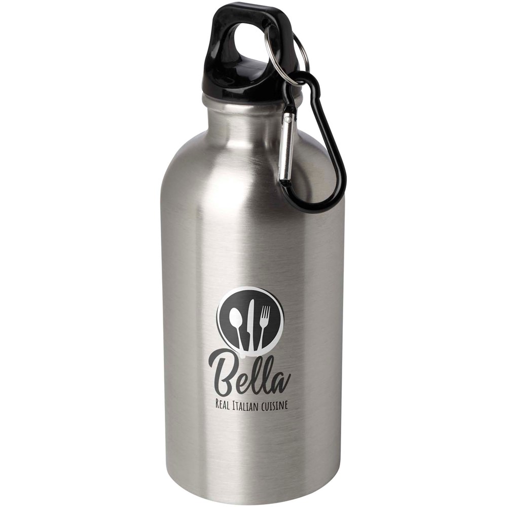 Bouteille d'eau Oregon de 400 ml simple paroi en acier recyclé certifié RCS avec mousqueton Argent