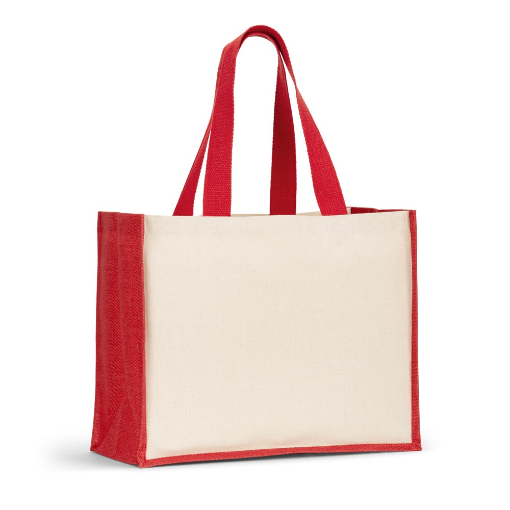 HELSINQUE COLOUR Sac en toile (320 g/m²), avec fond et côtés en jute laminé (350 g/m²) de couleur rouge