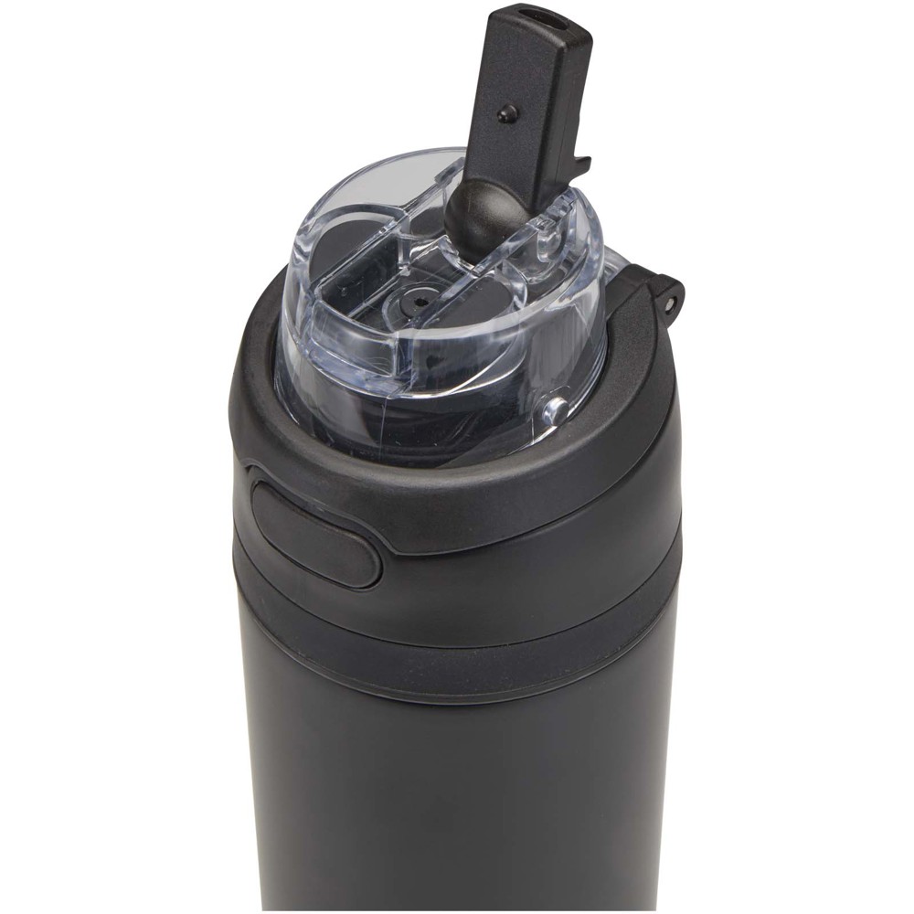 Bouteille d'eau Theron 800 ml en acier inoxydable à simple paroi recyclé RCS, avec bouchon à double fonction et paille rabatt Noir
