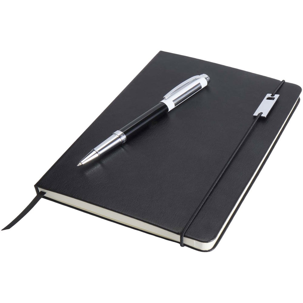 Ensemble carnet à couverture rigide A5 et stylo roller Legato Elegance Noir, Blanc