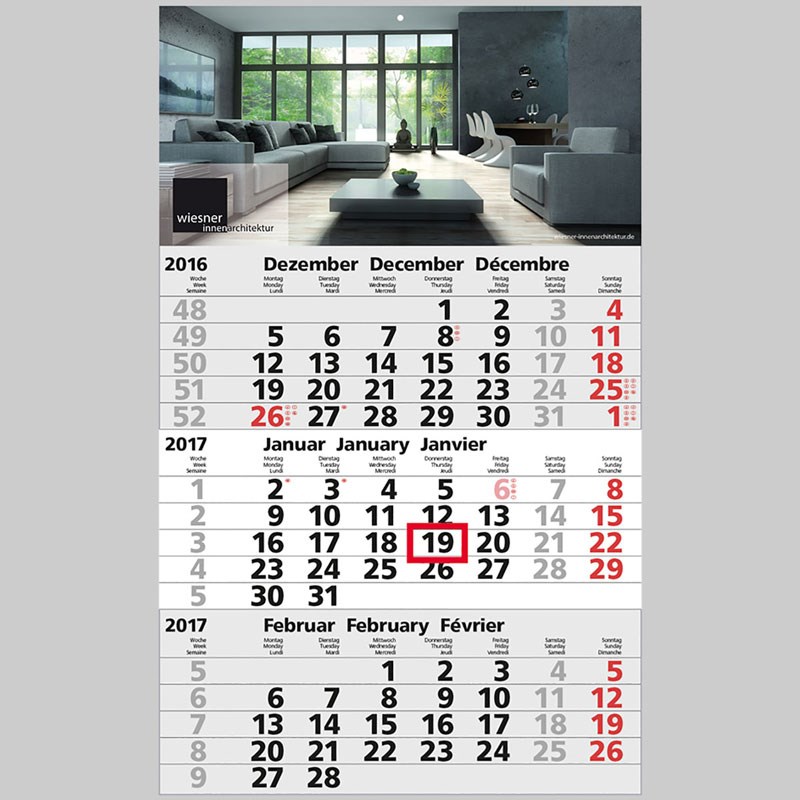 3-Monats-Wandkalender mit 1-farbigem-Offsetdruck 2026 grau