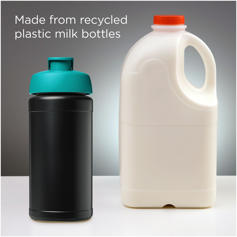 Baseline 500 ml recycelte Sportflasche mit Klappdeckel schwarz, aquablau