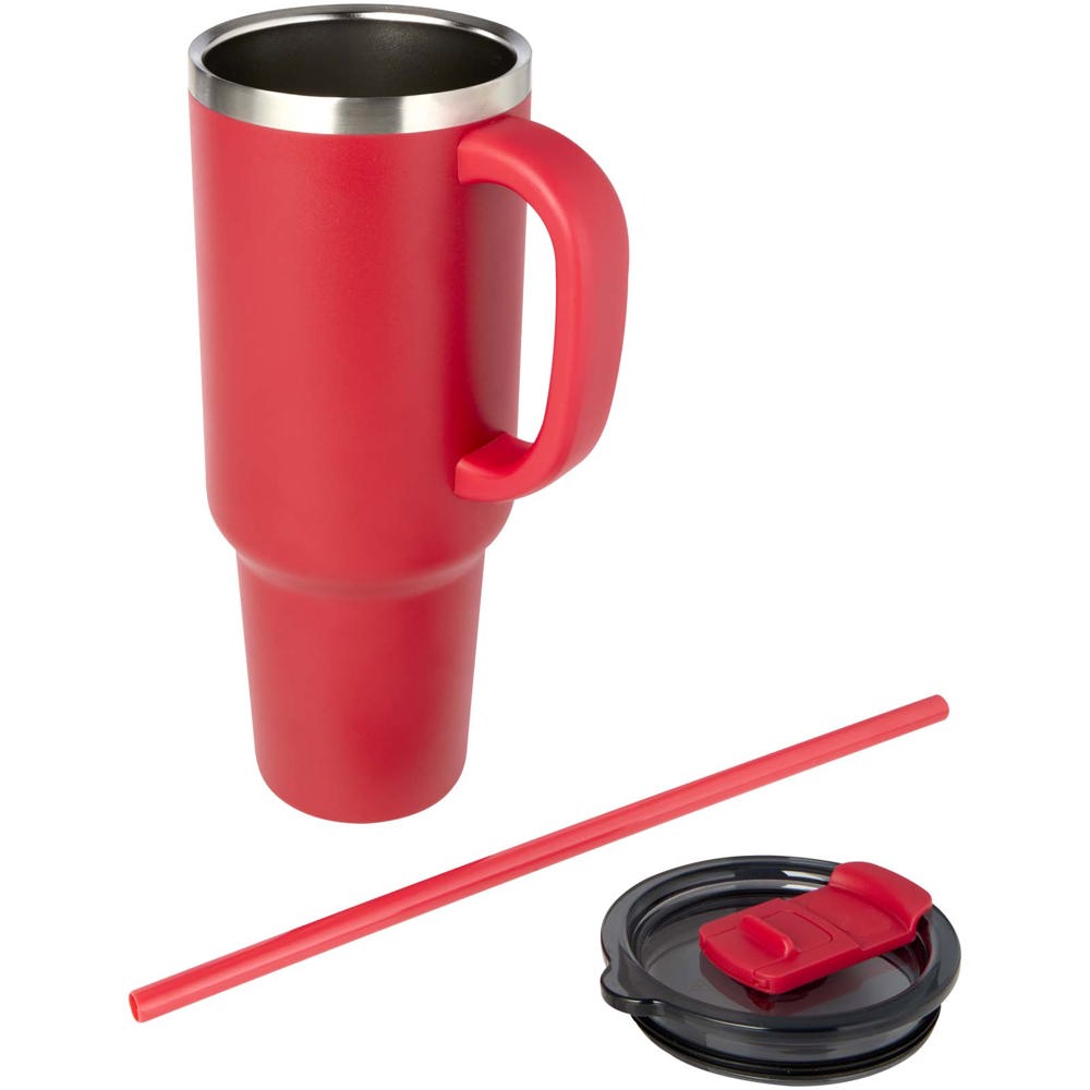Mug Sydney 1200 ml double paroi certifié RCS avec isolation par le vide et couche de cuivre avec paille Rouge