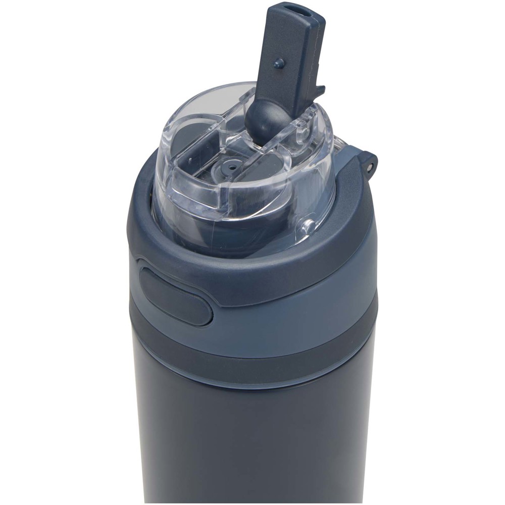 Bouteille d'eau Theron 800 ml en acier inoxydable à simple paroi recyclé RCS, avec bouchon à double fonction et paille rabatt Marine