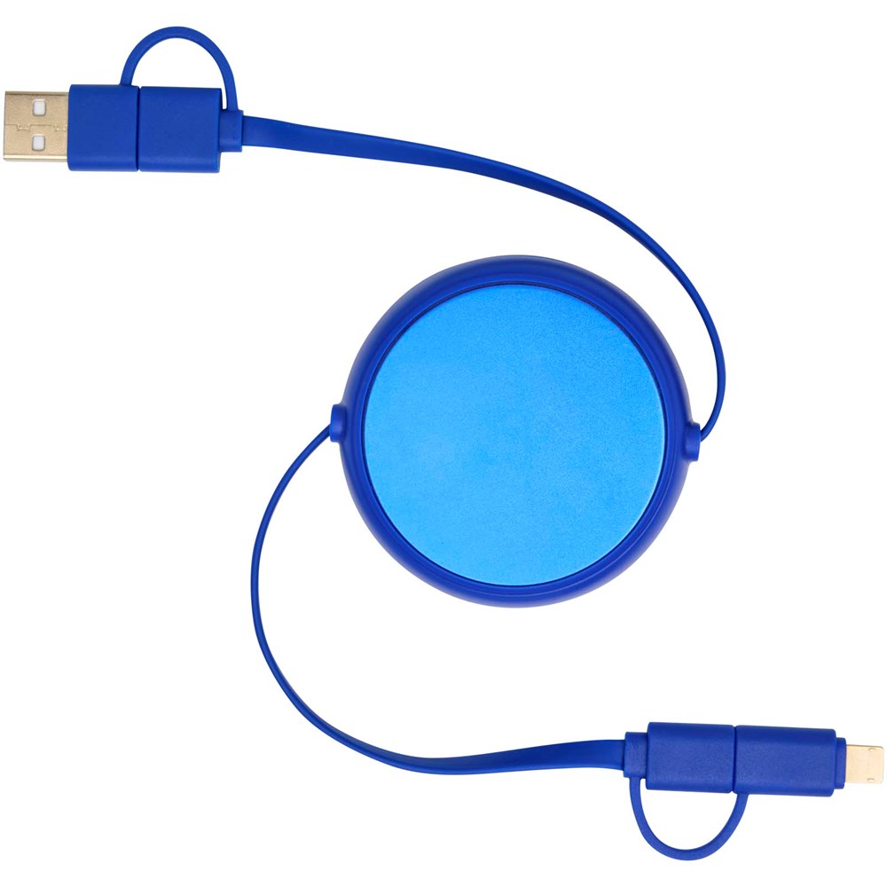 Câble rétractable 5 en 1 Alasia de 100 cm en plastique recyclé et aluminium pour la synchronisation des données et la charge rapide de 45 W Bleu royal