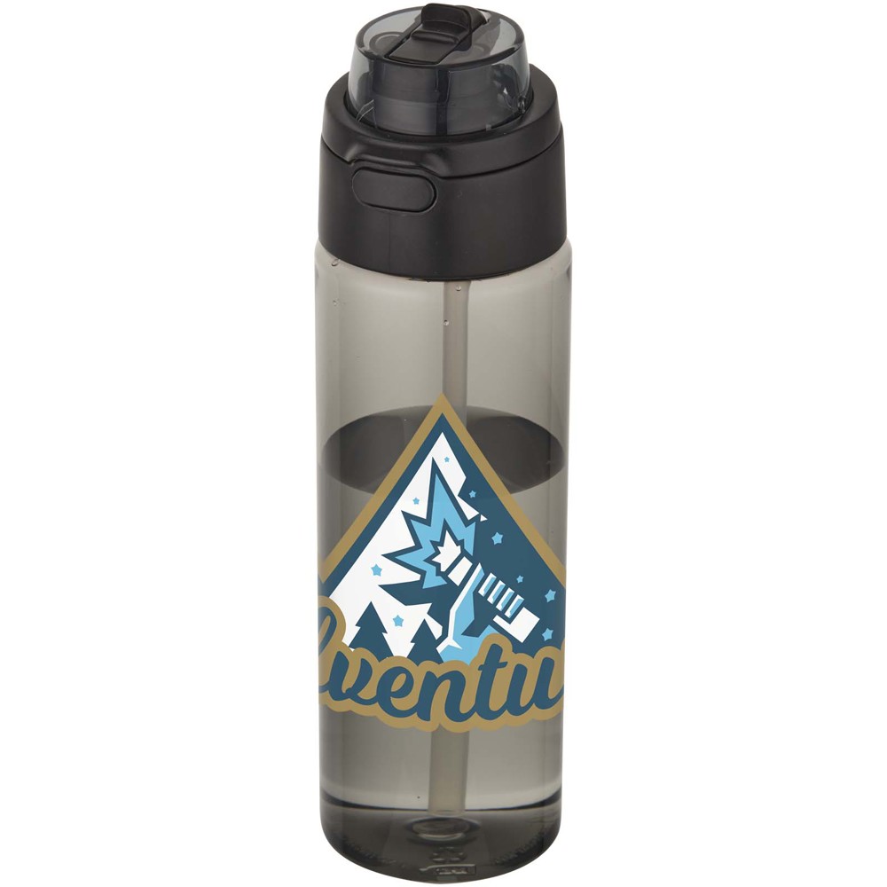 Bouteille d'eau Theron de 700 ml en plastique recyclé RCS, avec bouchon double fonction et paille rabattable Noir
