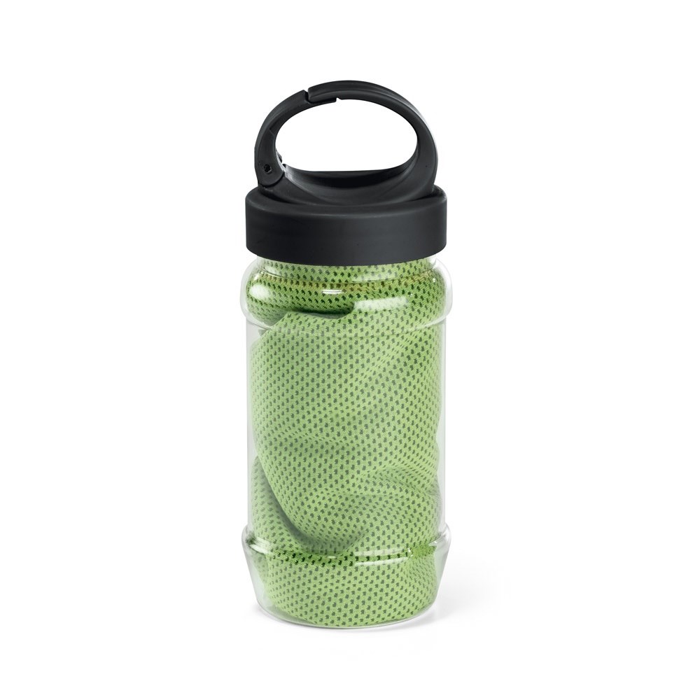 ARTX PLUS Sporthandtuch aus Polyamid und Polyester mit Flasche (440 mL) aus PP und PET und einem integrierten Karabinerhaken am Deckel hellgrün