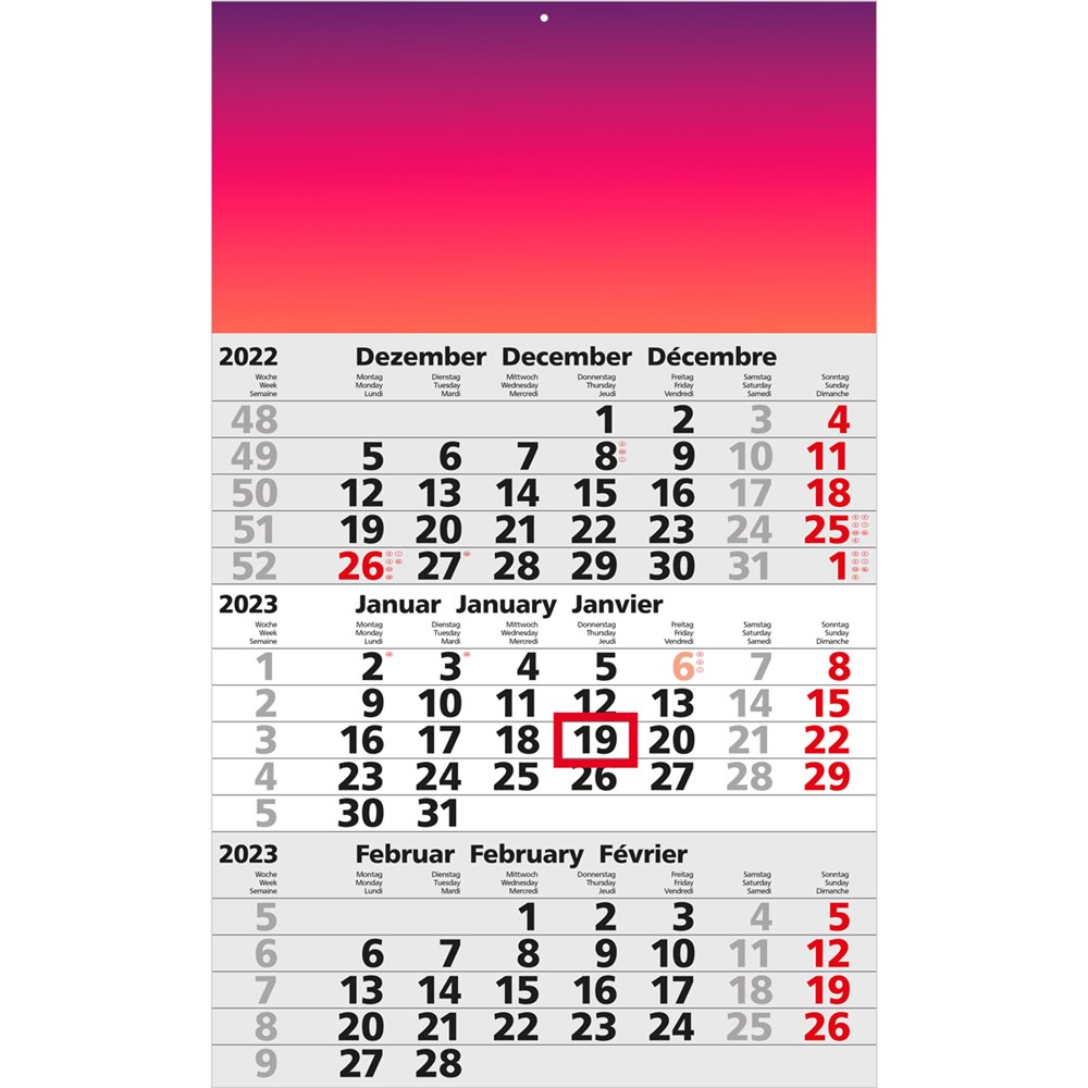 Calendrier mural, aperçu 3 mois 2026 Gris