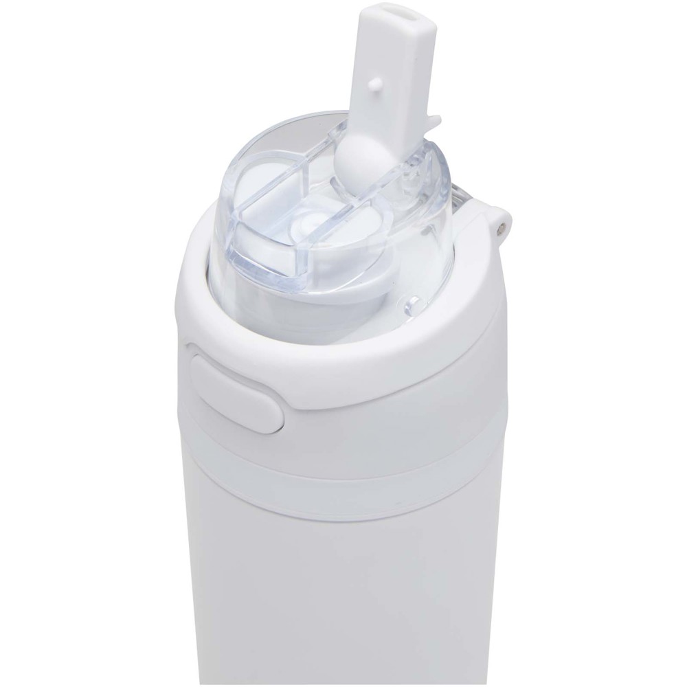 Bouteille d'eau Theron 800 ml en acier inoxydable à simple paroi recyclé RCS, avec bouchon à double fonction et paille rabatt Blanc