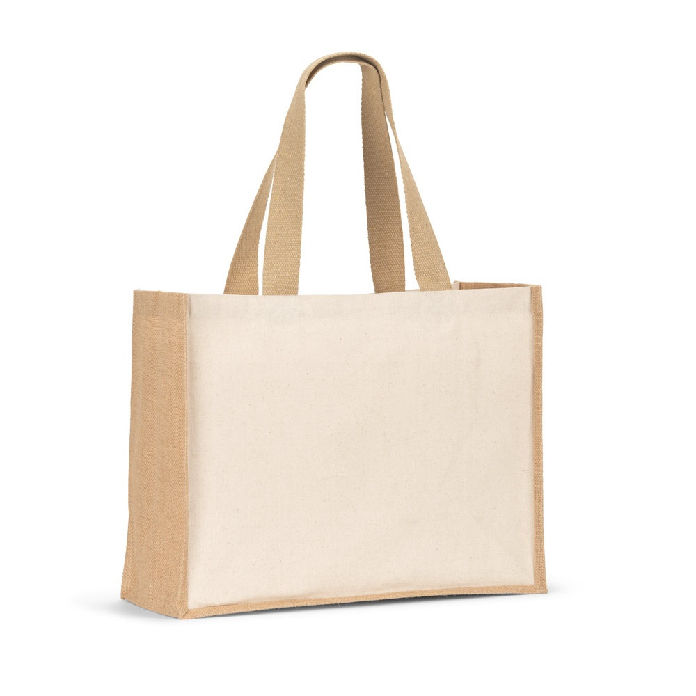 HELSINQUE. Tasche aus Canvas (320 g/m²), mit Boden und Seiten aus laminierter Jute (350 g/m²) in Nat