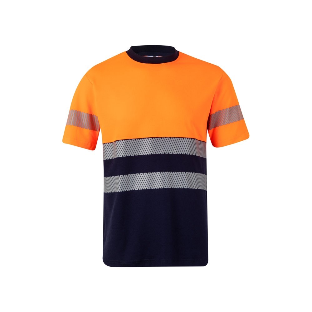 VL BASTET Zweifarbiges T-Shirt aus Piqué (150 g/m²), aus Baumwolle (55 %) und Polyester (45 %) Marineblau, Orange