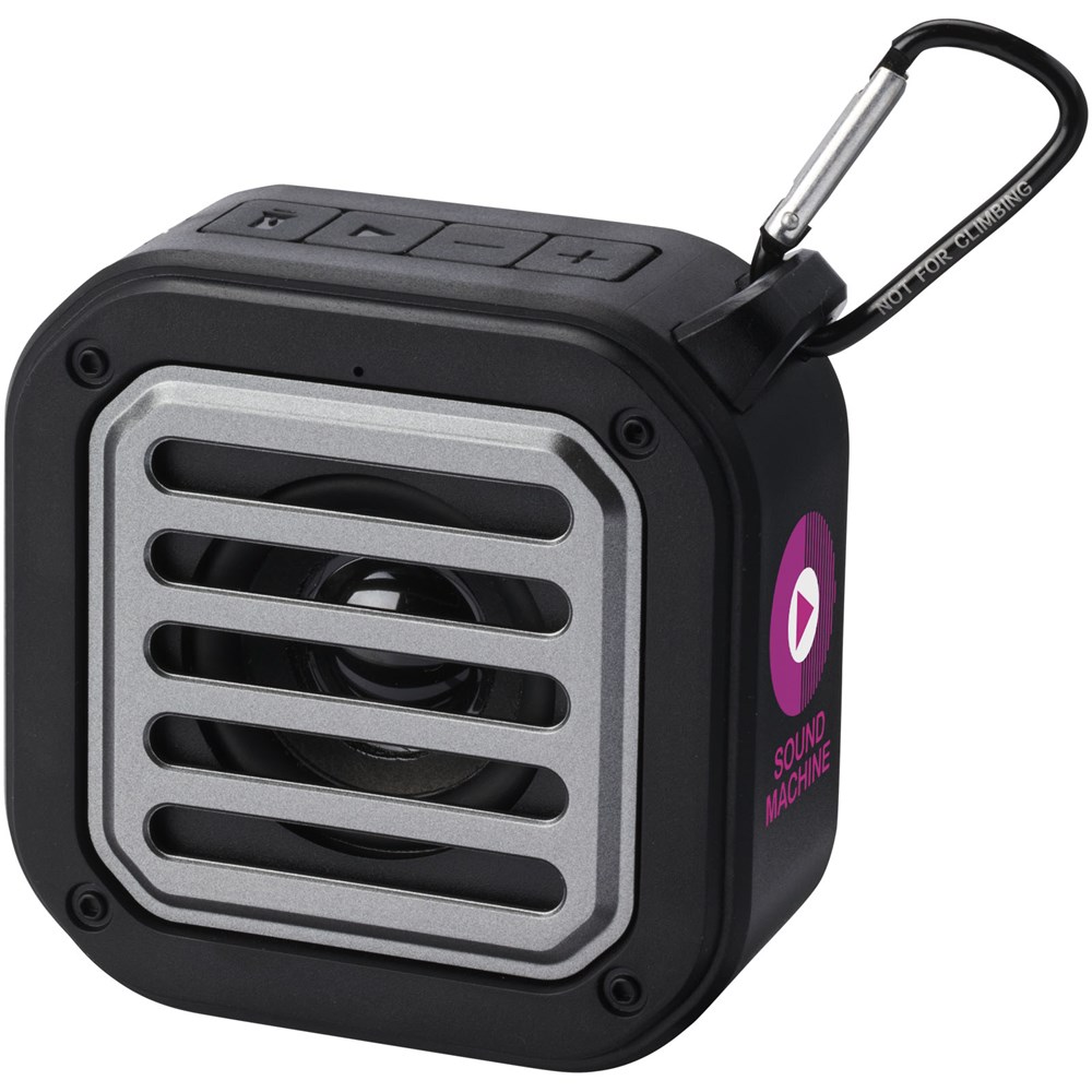 Haut-parleur solaire Bluetooth® Solo de 3 W IPX5 en plastique recyclé certifié RCS avec mousqueton 