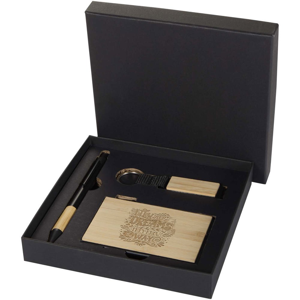 Ensemble cadeau Minka avec stylo bille en aluminium recyclé RCS, porte-clés et porte-cartes RFID