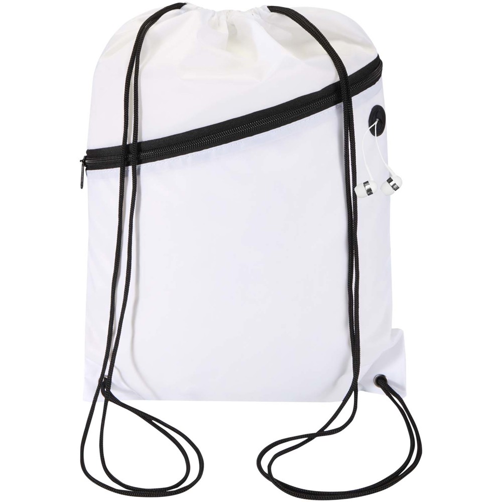 Sac à cordon Oriole en RPET avec poche avant zippée, 5 L blanc