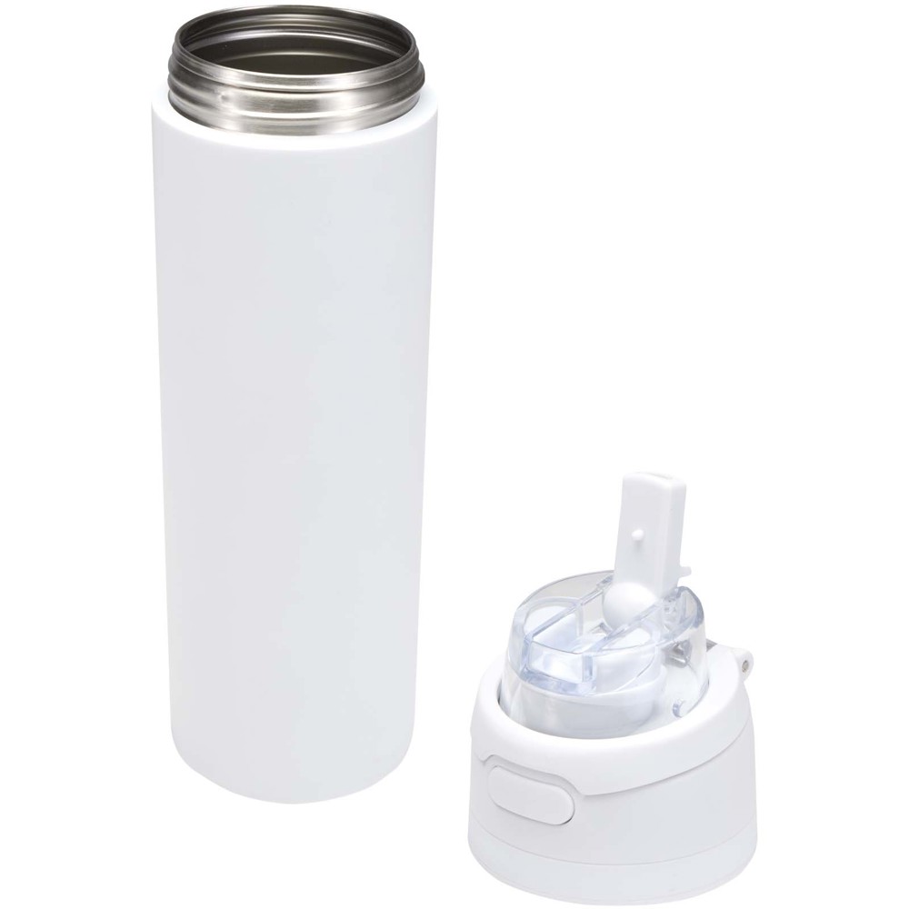Bouteille d'eau Theron 800 ml en acier inoxydable à simple paroi recyclé RCS, avec bouchon à double fonction et paille rabatt Blanc