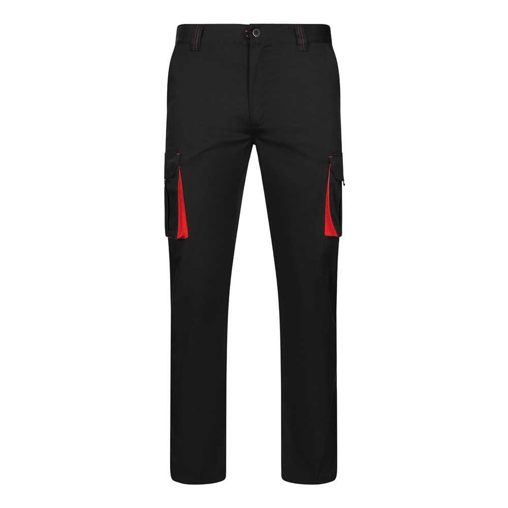 VL FIDES Zweifarbige Stretch-Hose mit mehreren Taschen (240 g/m²), aus Baumwolle (46 %), EME (38 %) und Polyester (16 %) schwarz, rot