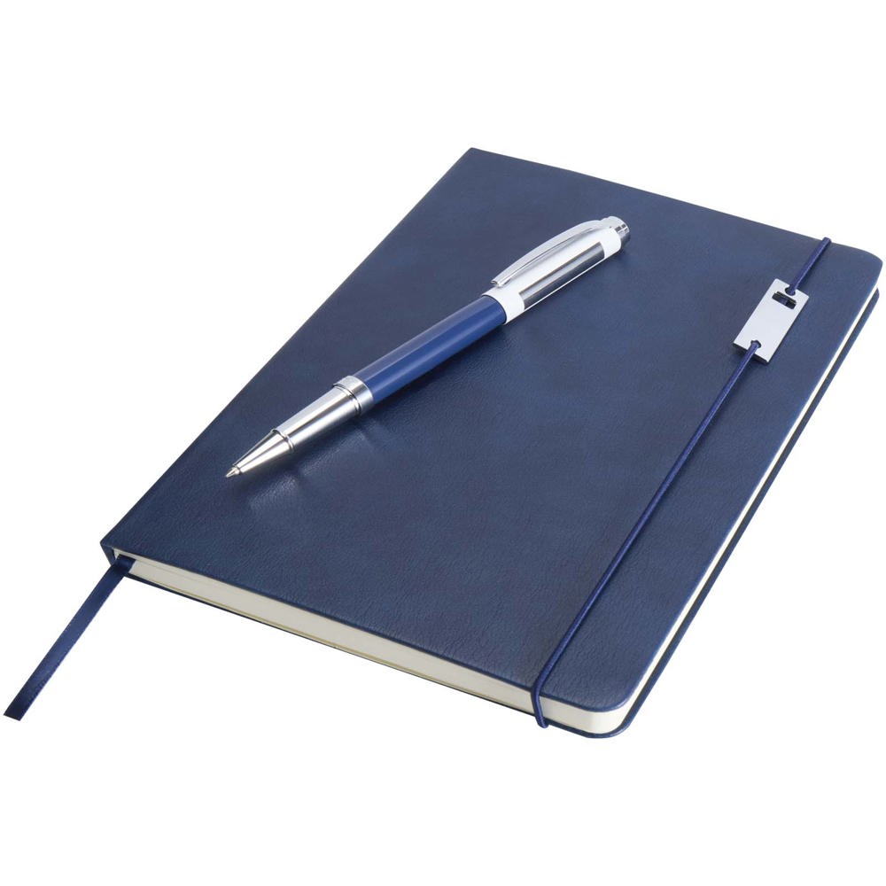 Ensemble carnet à couverture rigide A5 et stylo roller Legato Elegance Bleu océan, Blanc