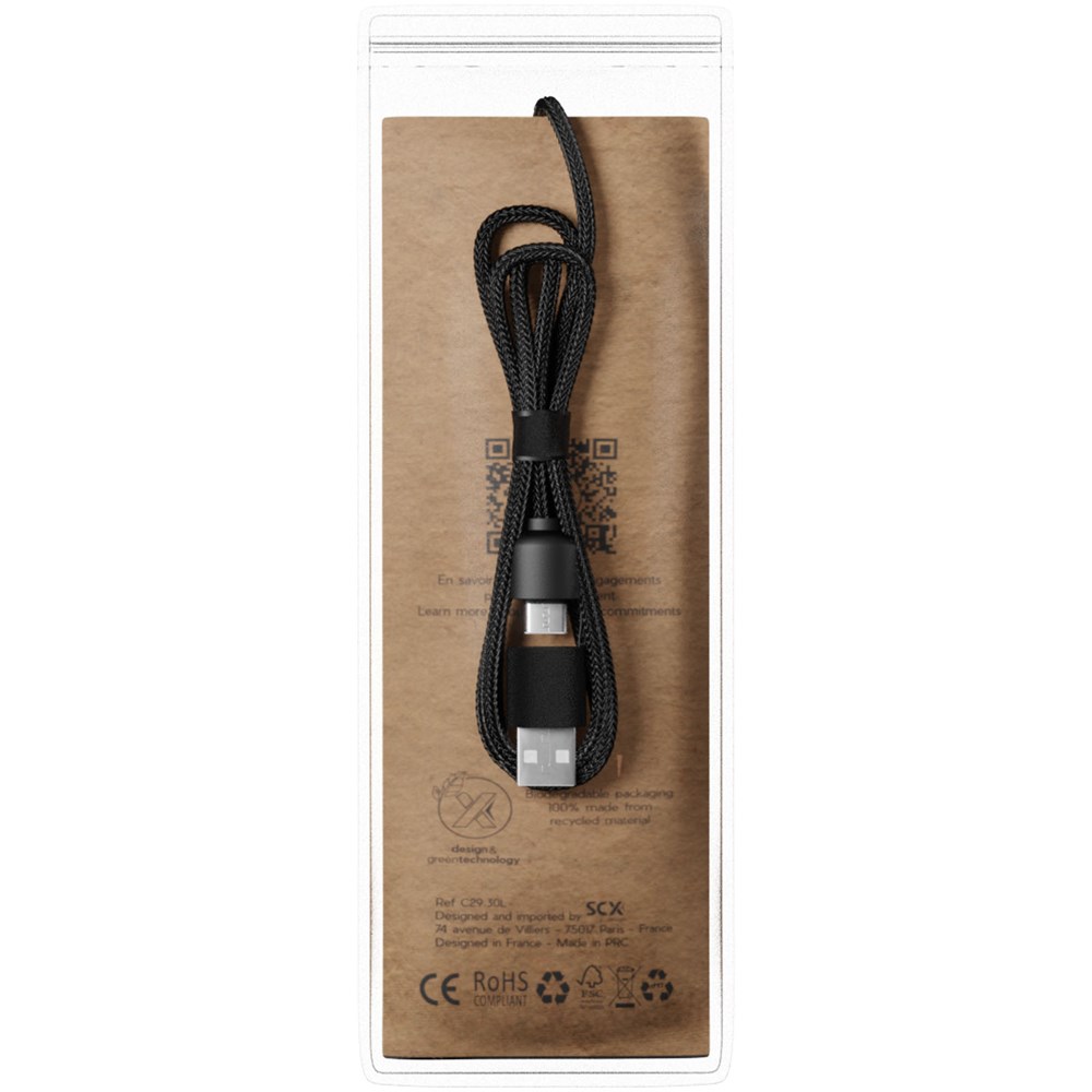 SCX.design C38 40W 5-in-1 Ladekabel aus rPET in quadratischem Bambusgehäuse mit Leuchtlogo blau, holz