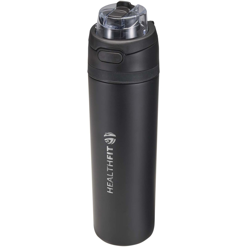Bouteille d'eau Theron 800 ml en acier inoxydable à simple paroi recyclé RCS, avec bouchon à double fonction et paille rabatt Noir