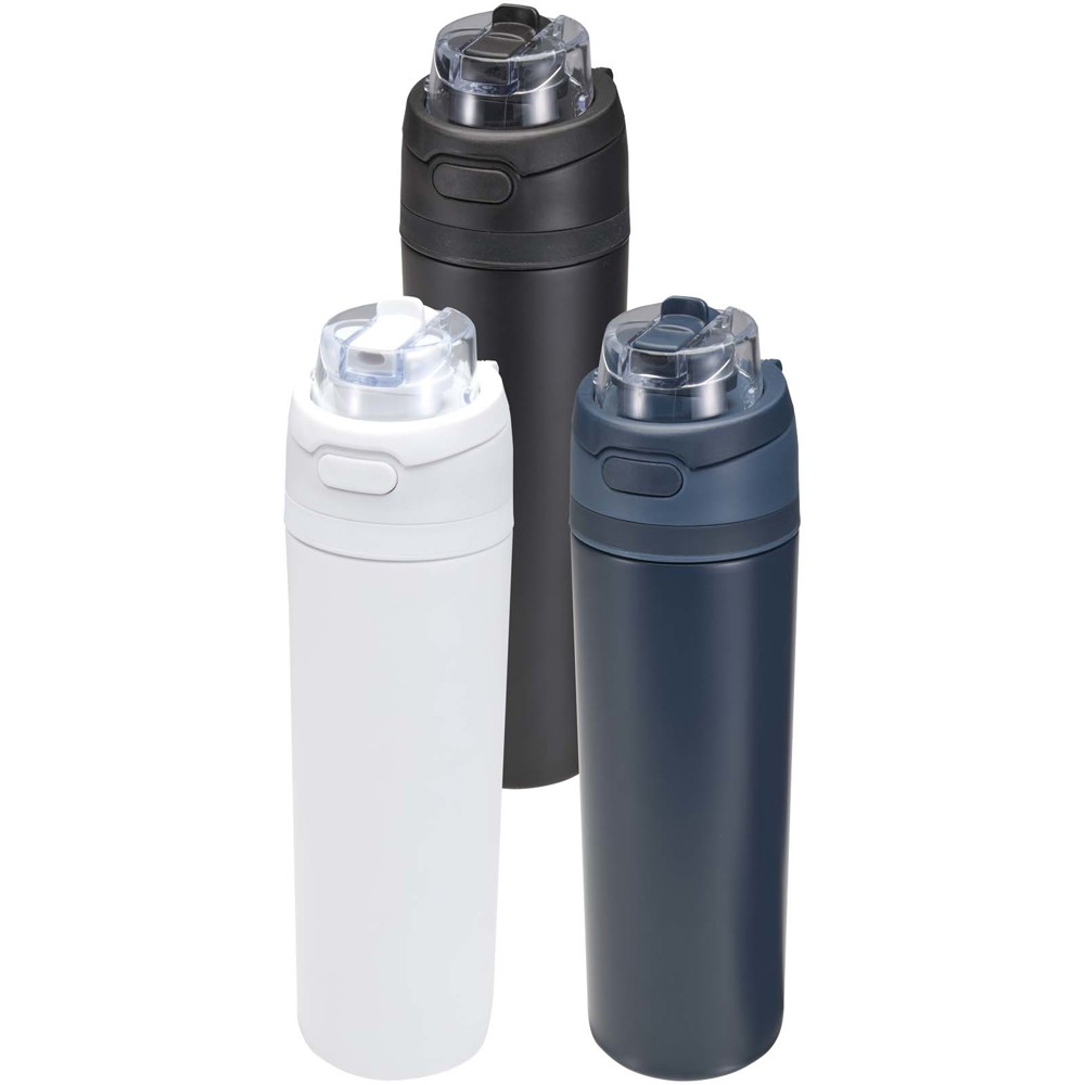 Bouteille d'eau Theron 800 ml en acier inoxydable à simple paroi recyclé RCS, avec bouchon à double fonction et paille rabatt Blanc