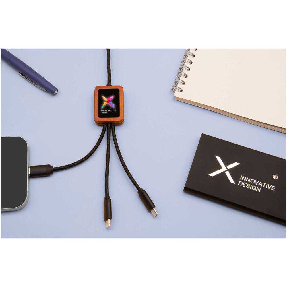 Câble de charge 5-en-1 SCX.design C38 en rPET avec logo lumineux et boîtier carré en bois de 40 W Noir, Bois