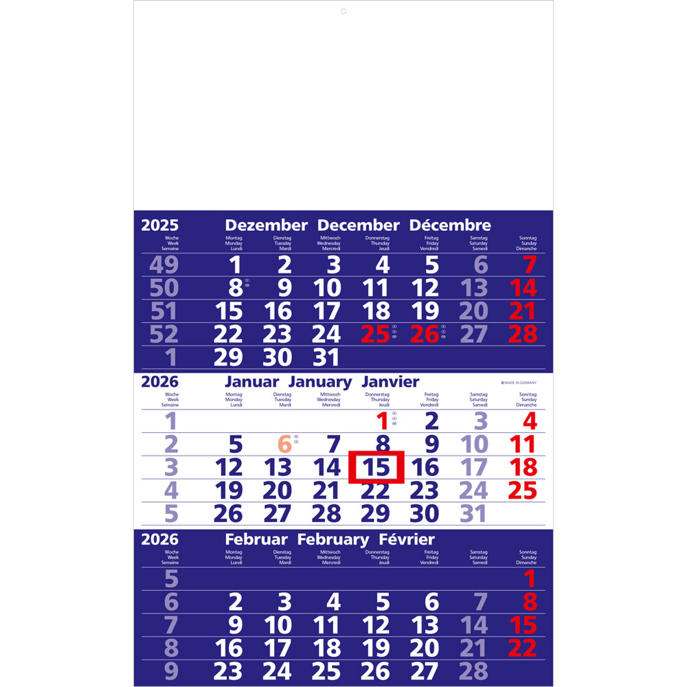 3-Monats-Wandkalender mit 1-farbigem-Offsetdruck 2026