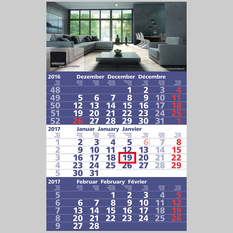 Calendrier mural, aperçu 3 mois avec offset 3 couleur 2026 Bleu foncé