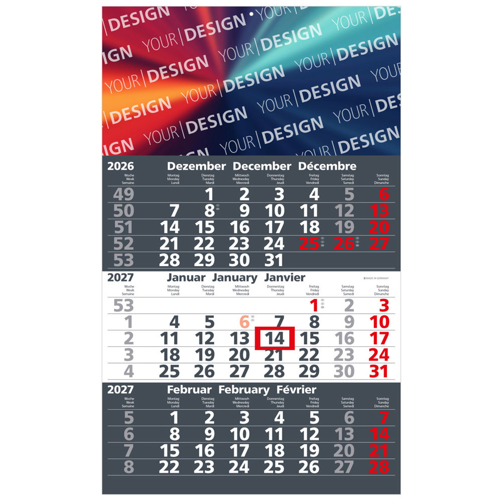 3-Monats-Wandkalender mit 2-farbigem-Offsetdruck 2027