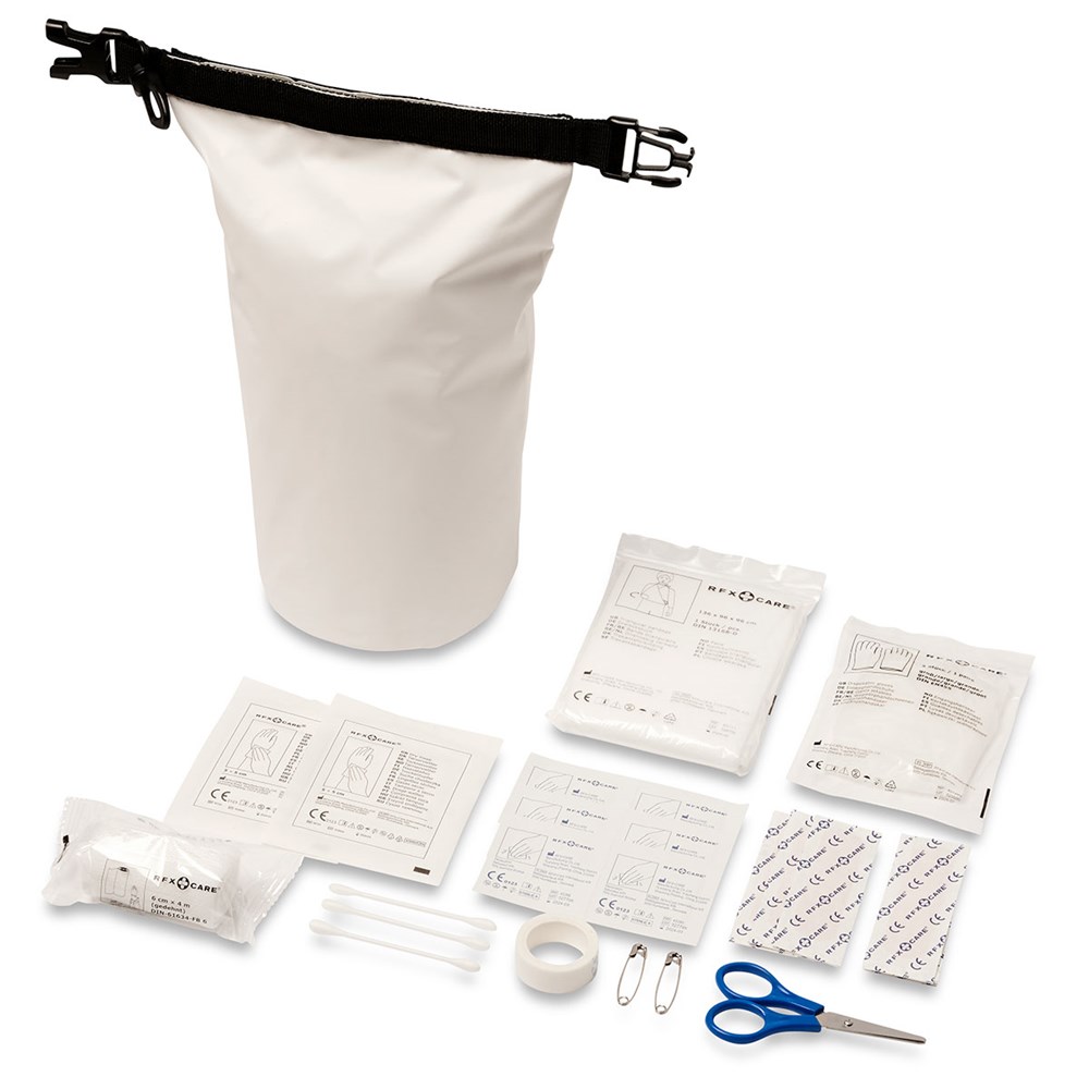 Wasserfestes Erste-Hilfe-Set – ideal für unterwegs! Individuell mit Ihrem Logo bedruckbar. Perfektes Werbegeschenk für Sicherheit. weiss