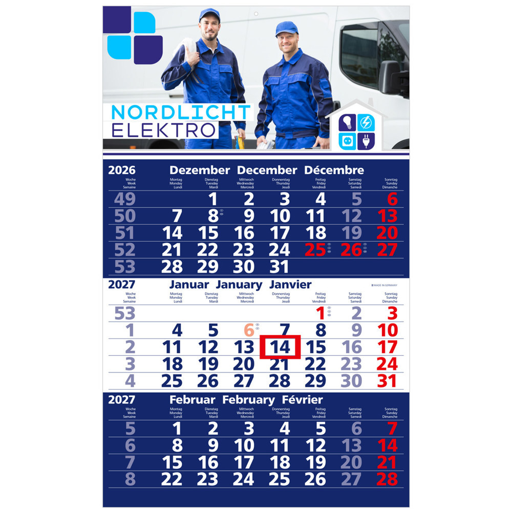 3-Monats-Wandkalender mit 1-farbigem-Offsetdruck 2027