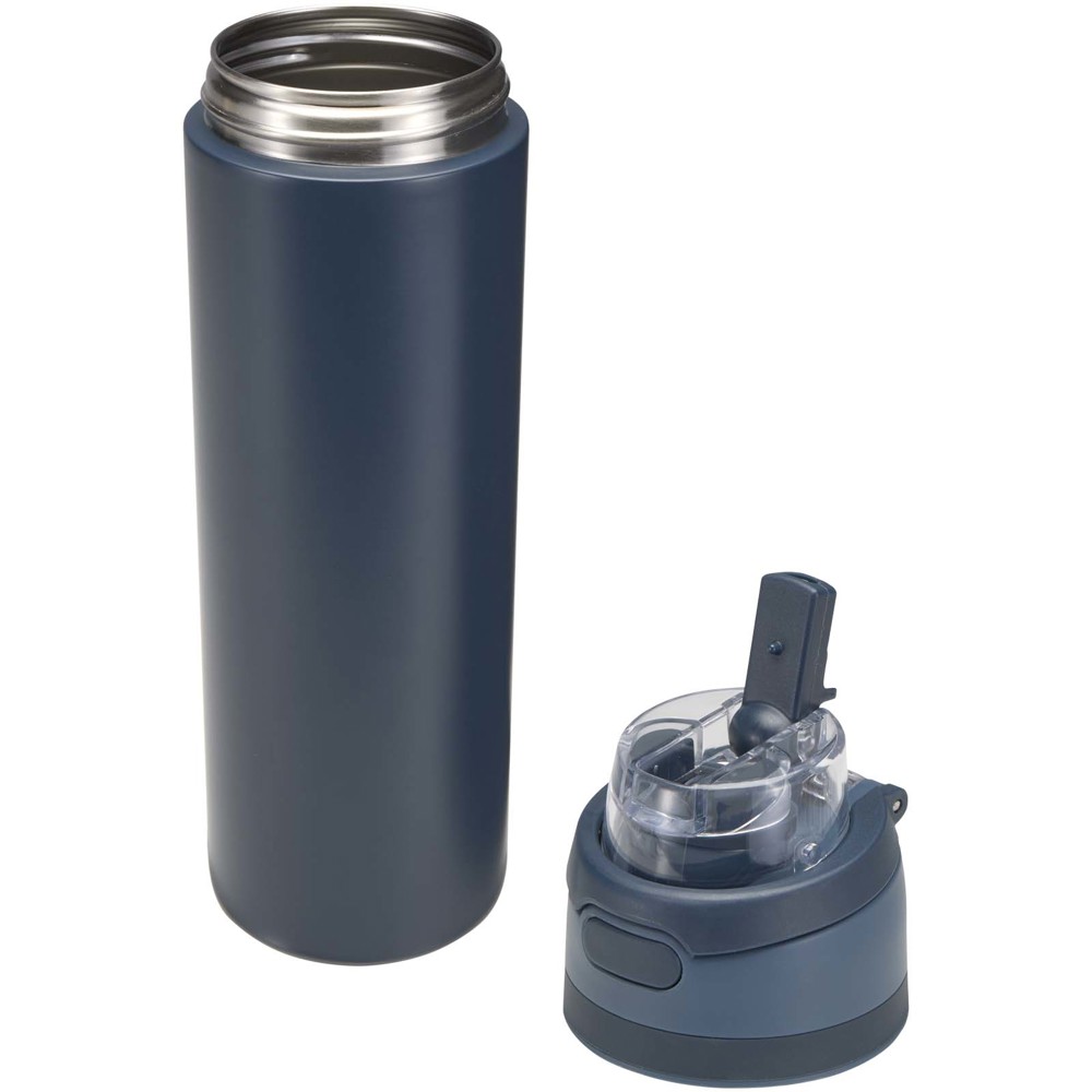 Bouteille d'eau Theron 800 ml en acier inoxydable à simple paroi recyclé RCS, avec bouchon à double fonction et paille rabatt Marine