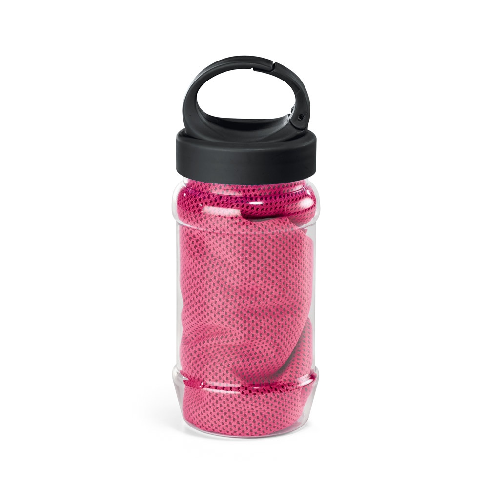ARTX PLUS Sporthandtuch aus Polyamid und Polyester mit Flasche (440 mL) aus PP und PET und einem integrierten Karabinerhaken am Deckel Rosa