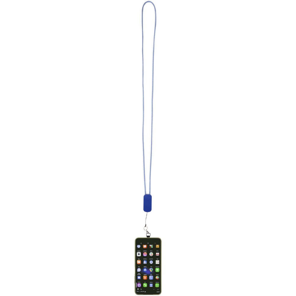 Tour de cou pour smartphone Anser en plastique recyclé avec câble intégré 5 en 1 de 27 W bleu roi