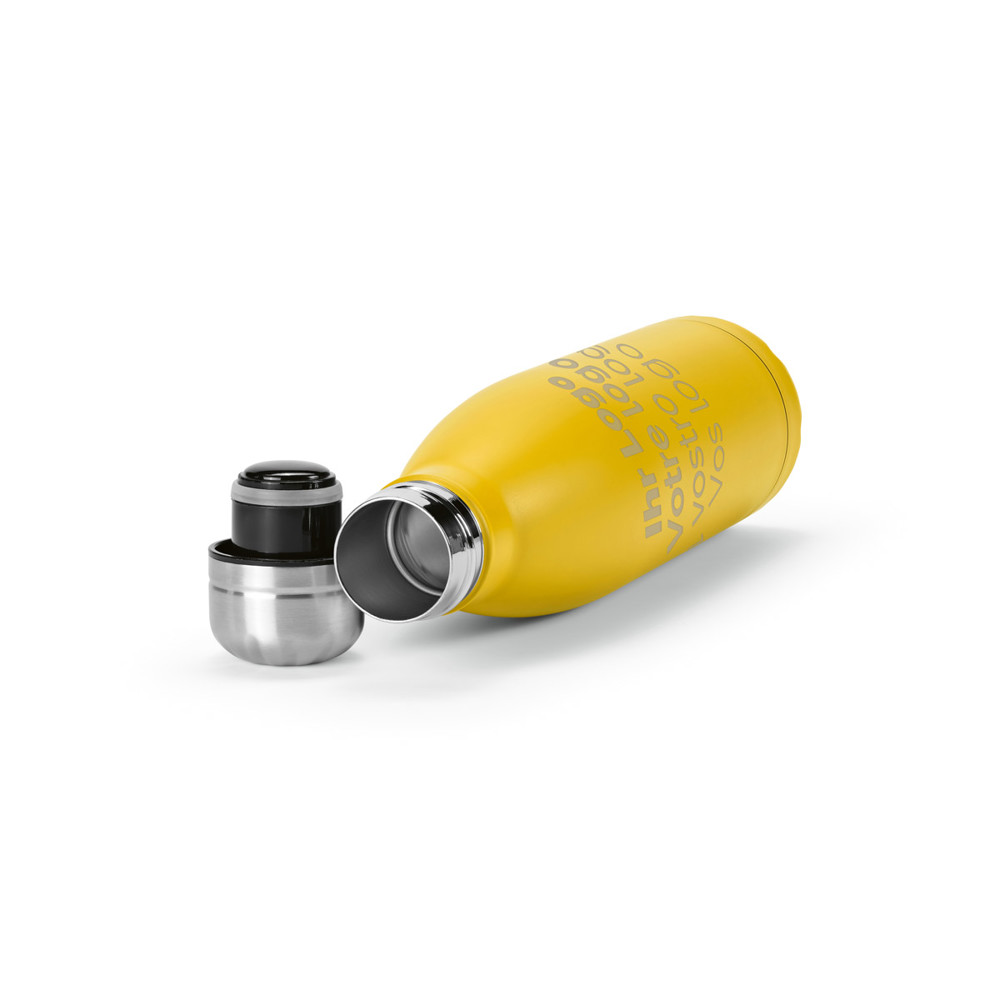 Hochwertige 500 ml Isolierflasche Säntis aus recyceltem Edelstahl. Ideal als nachhaltiges Werbegeschenk mit individuellem Logo Druck für Ihr Unternehmen gelb