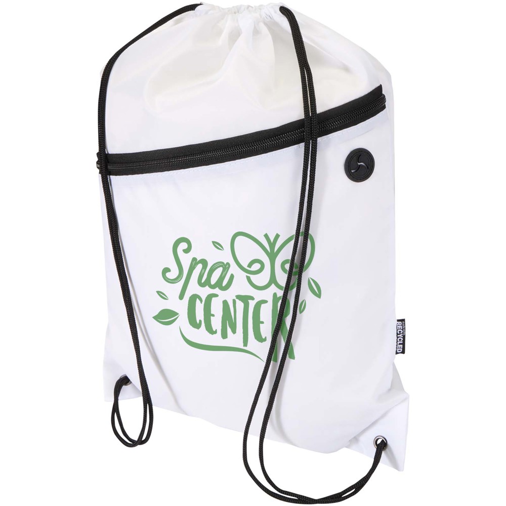 Sac à cordon Oriole en RPET avec poche avant zippée, 5 L blanc