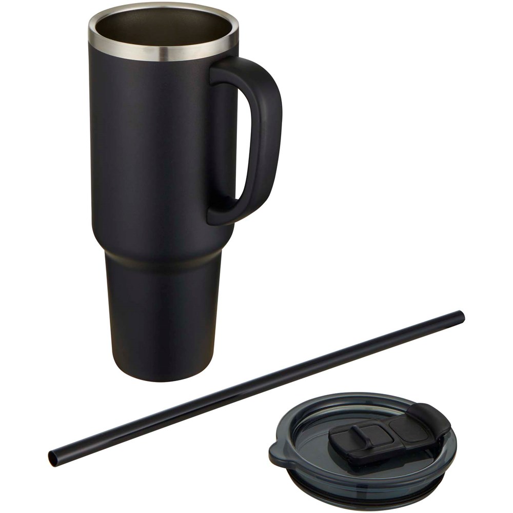 Sydney 1200 ml doppelwandiger RCS-zertifizierter Kupfer-Vakuum Isolierbecher mit Strohhalm schwarz