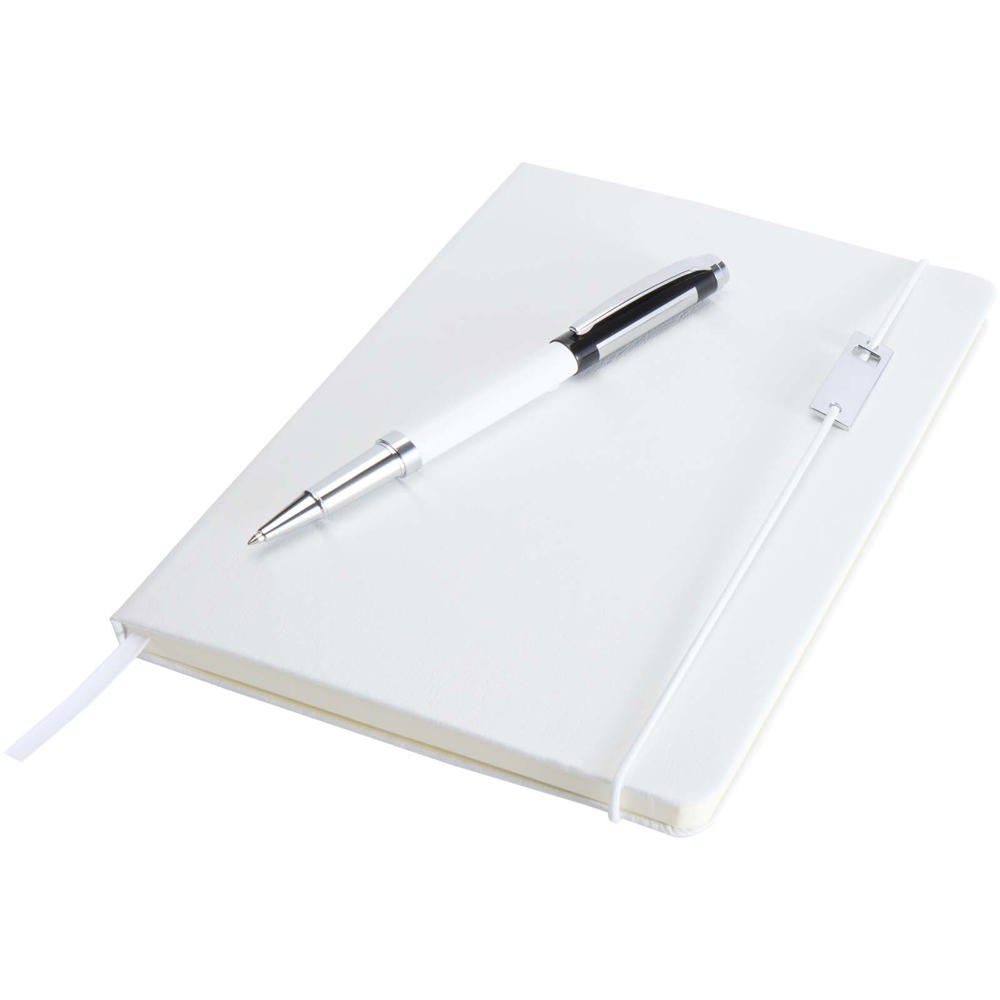 Ensemble carnet à couverture rigide A5 et stylo roller Legato Elegance Blanc, Noir
