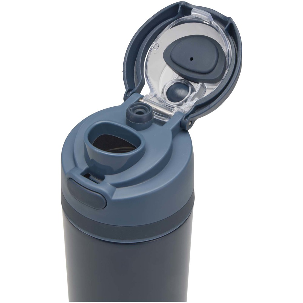 Bouteille d'eau Theron 800 ml en acier inoxydable à simple paroi recyclé RCS, avec bouchon à double fonction et paille rabatt Marine
