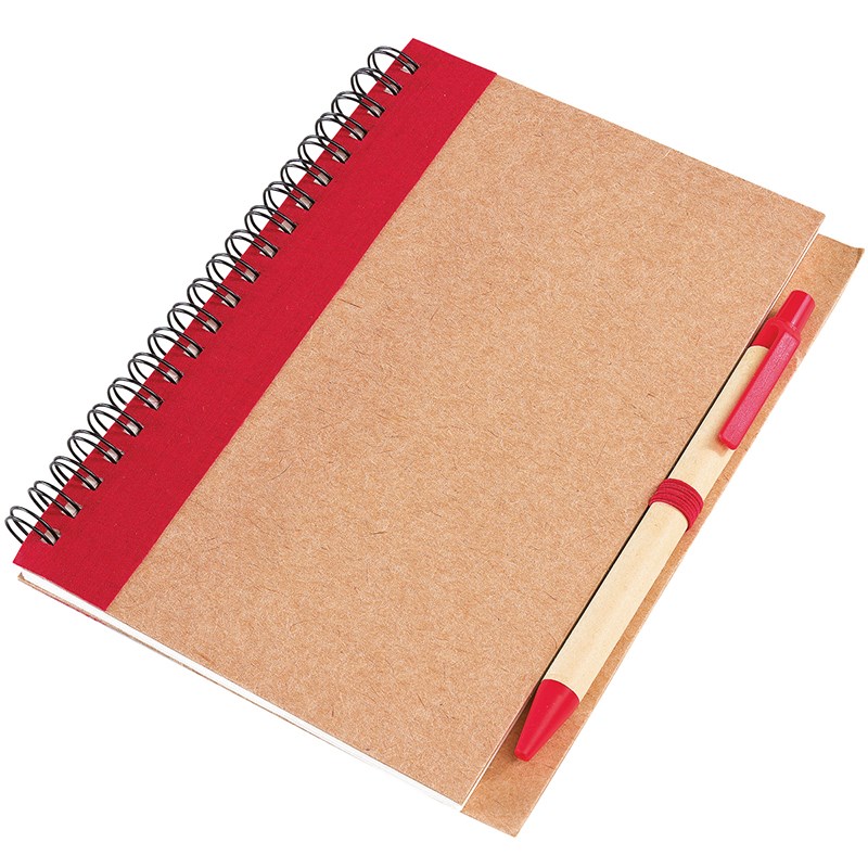 Notizbuch aus Recycling-Karton mit Kugelschreiber aus PLA ✓ Nachhaltige Kundengeschenke ✓ Personalisiert mit Ihrem Logo. rot