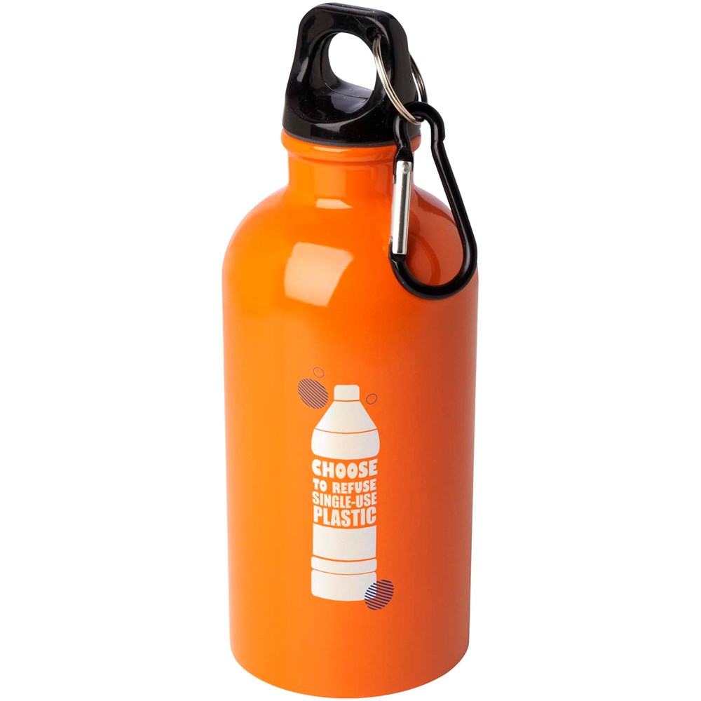 Bouteille d'eau Oregon de 400 ml simple paroi en acier recyclé certifié RCS avec mousqueton Orange