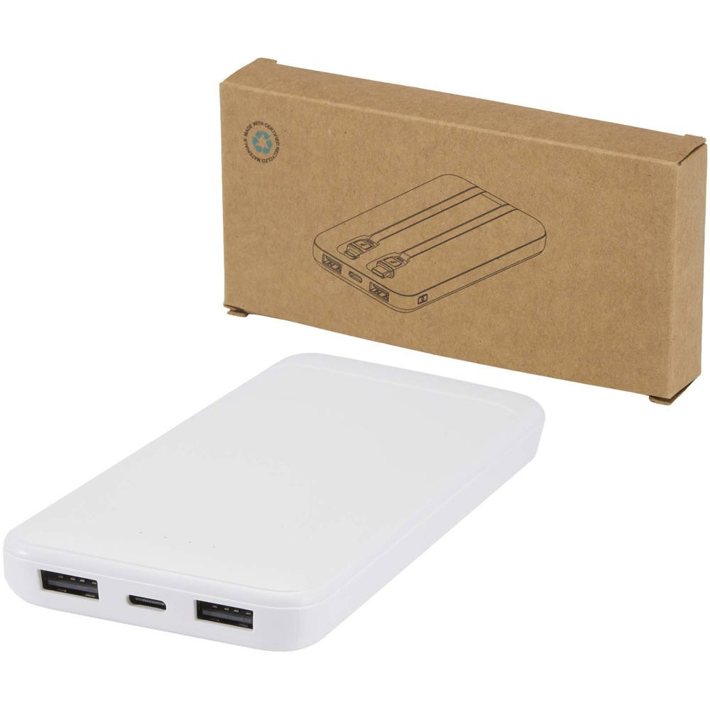 Adhil 10 W 10.000 mAh Powerbank aus recyceltem Kunststoff mit 2 integrierten Kabeln